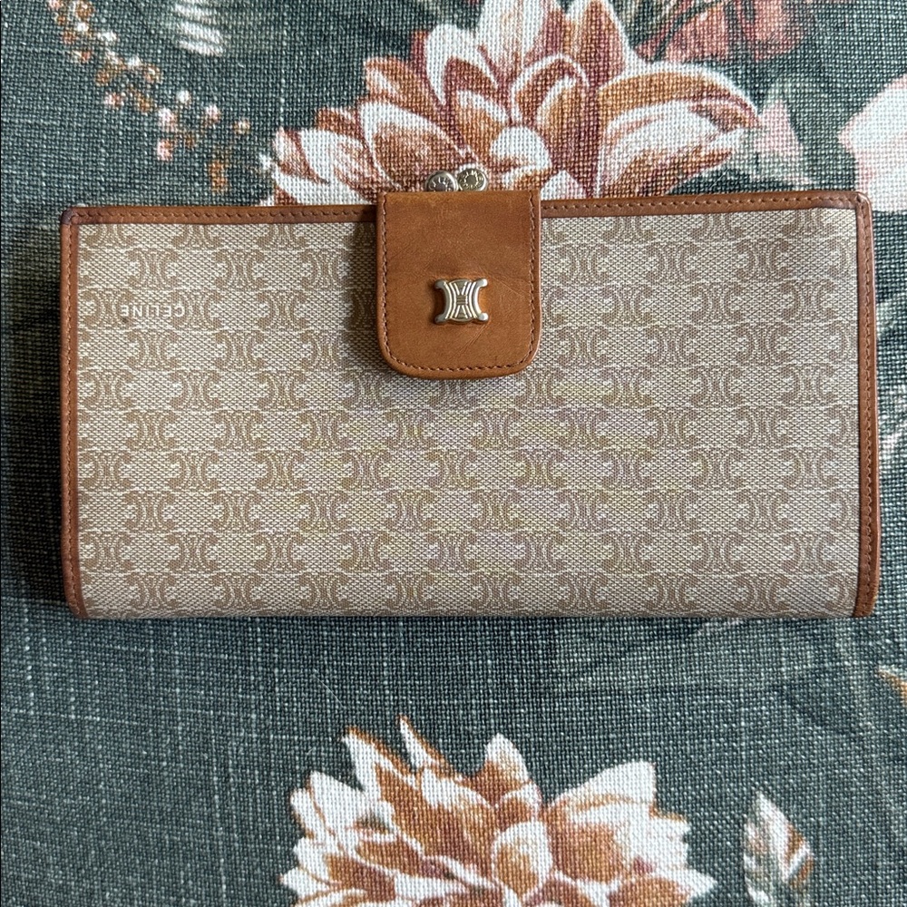 Celine Vintage Triomphe Tan and Brown Logo Wallet